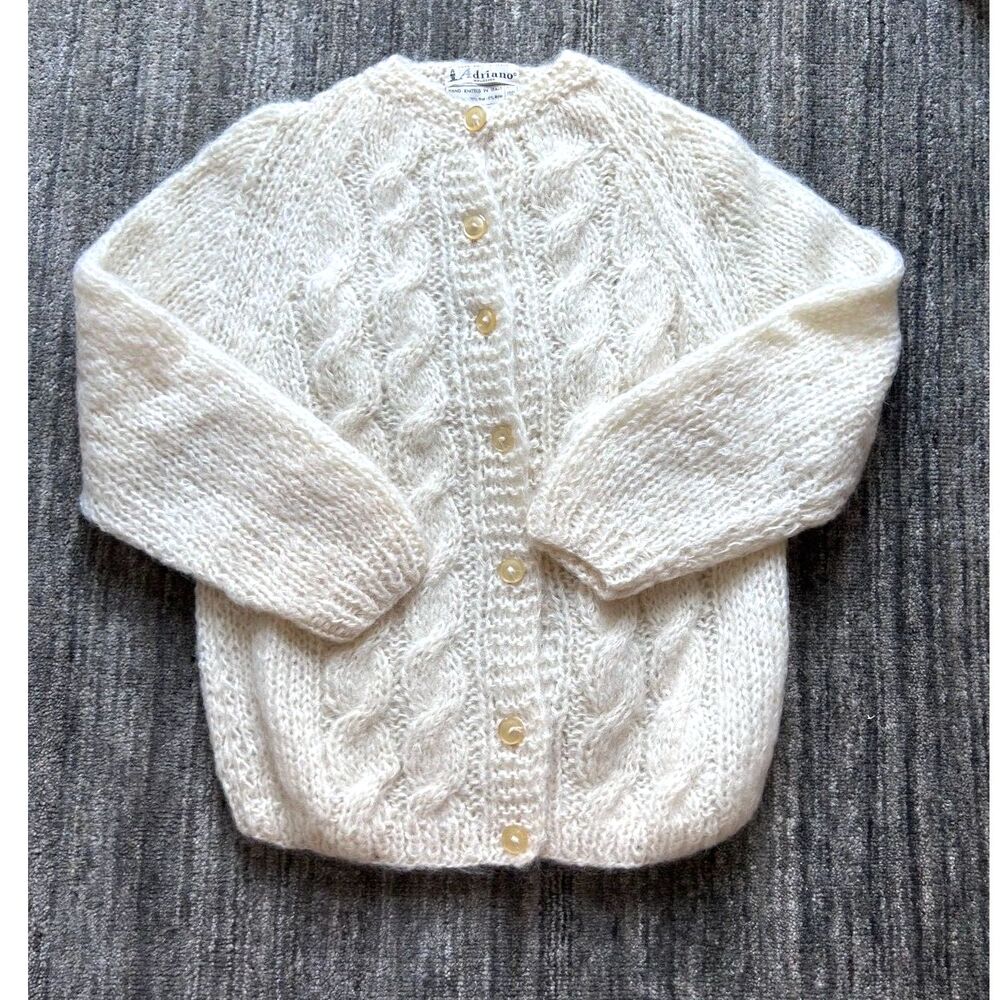 VintageWool Mohair Italian Cable Knit Cream Cardigan Sweater 38